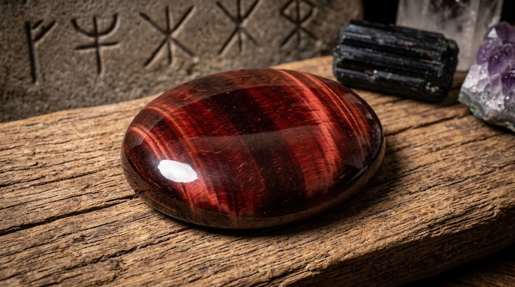 Pierre Oeil de Taureau (Oeil de boeuf) aux reflets rouge profond. Cristal de protection et de force.