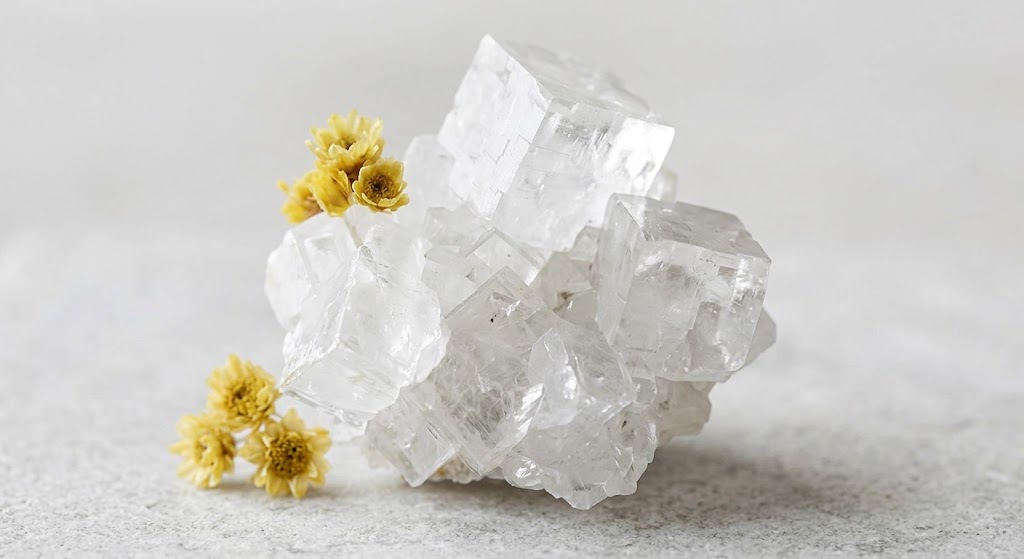 Cristal d'Apophyllite transparent avec ses formations cubiques et de petites fleurs jaunes. Pierre blanche d'intuition et de nettoyage spirituel en lithothérapie.