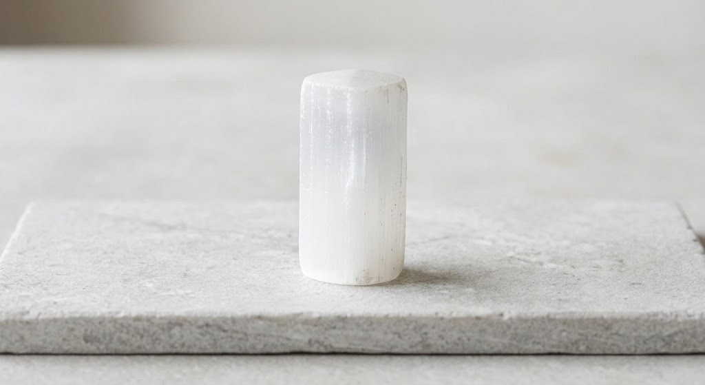 Colonne de Sélénite blanche à l'aspect fibreux et nacré. Cristal angélique utilisé pour apporter paix intérieure et sérénité.