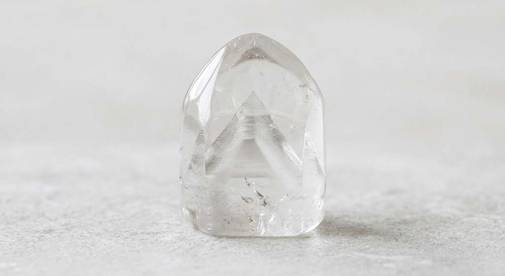 Pointe de Quartz Fantôme transparent laissant apparaître ses lignes de croissance internes en forme de pyramide. Cristal mémoire pour le dépassement de soi.
