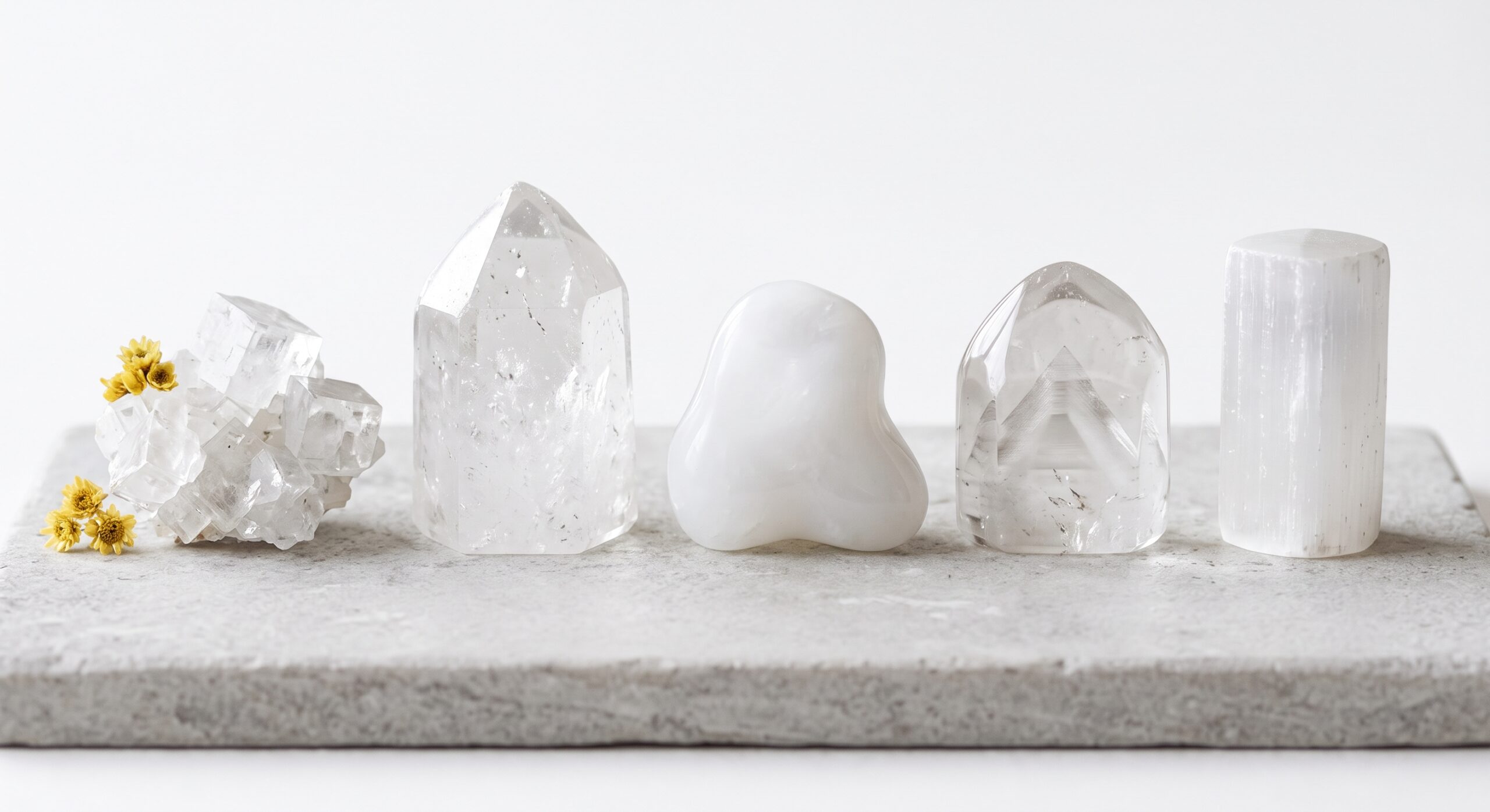 Collection de 5 pierres blanches de lithothérapie alignées sur un socle : Apophyllite, Cristal de Roche, Ménalite, Quartz Fantôme et Sélénite, symboles de pureté et d'énergie.