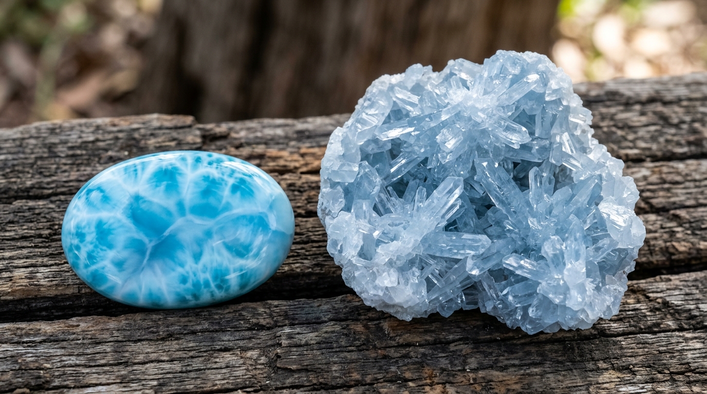 LARIMAR (ou Pectolite) + CÉLESTINE (ou Célestite)
