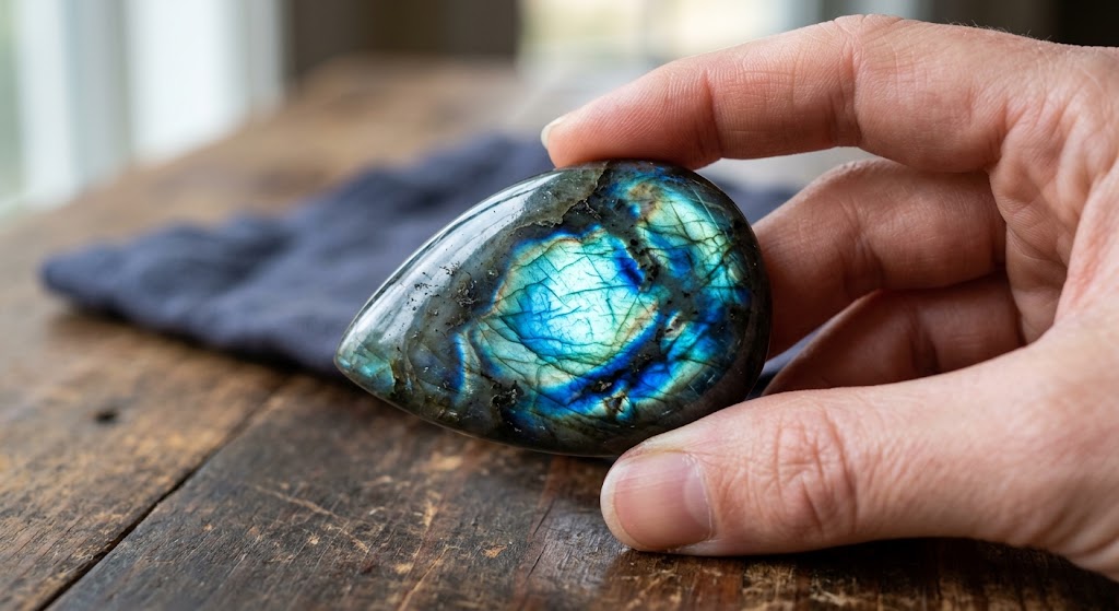 pierre de Labradorite polie aux reflets métalliques bleu et vert.