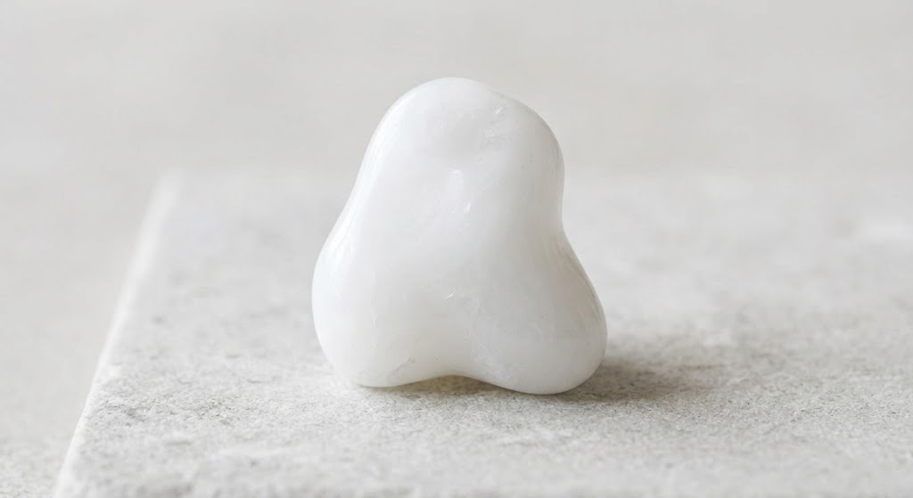 Ménalite, également appelée Pierre des fées, sous forme de nodule blanc laiteux aux courbes douces. Pierre chamanique de la féminité sacrée.