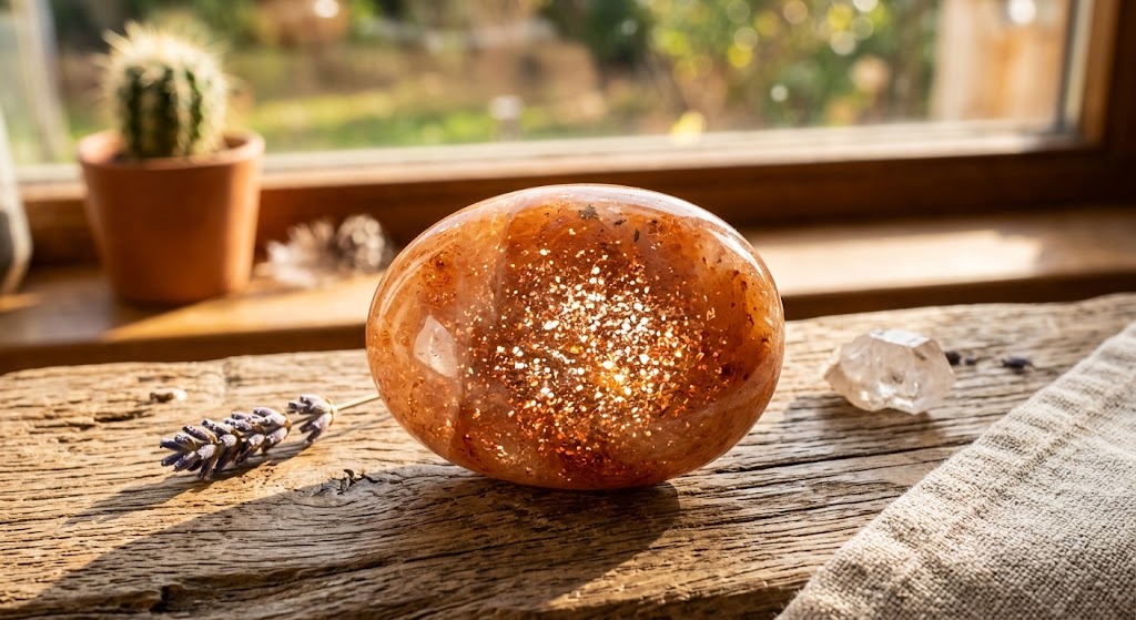 Image Pierre de Soleil : Pierre de Soleil scintillante avec ses reflets pailletés. Minéral d'optimisme, de charisme et d'énergie vitale.