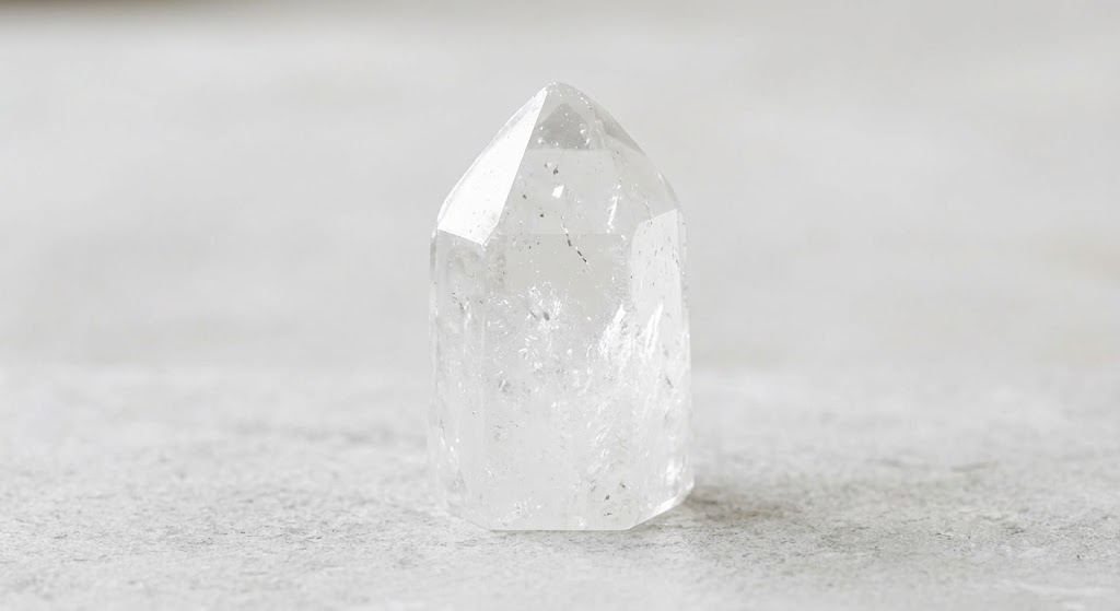 Pointe translucide et pure de Cristal de Roche (quartz clair). Pierre sacrée utilisée comme amplificateur d'énergie et de lumière en lithothérapie.