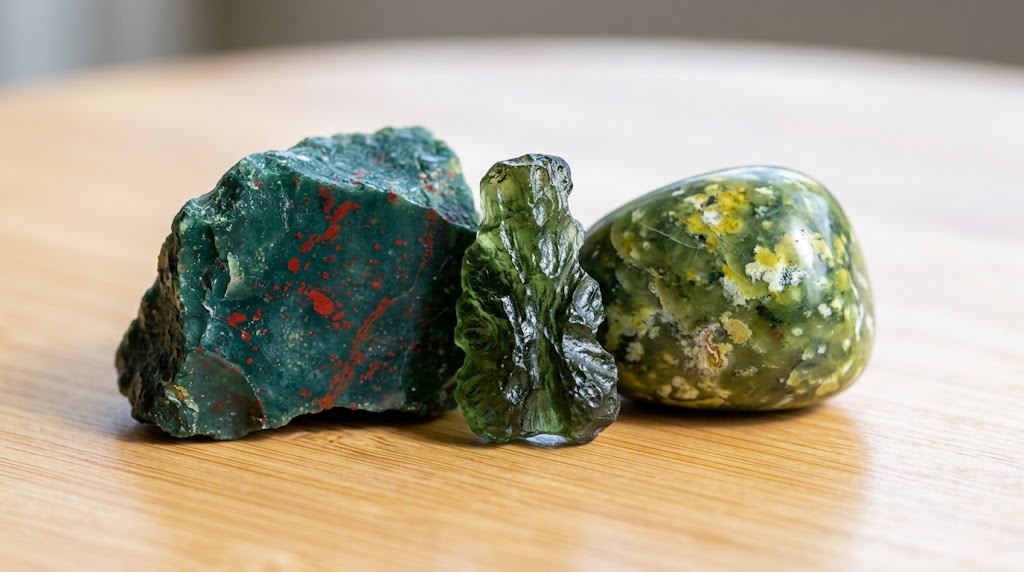 Image Héliotrope + Moldavite + Serpentine